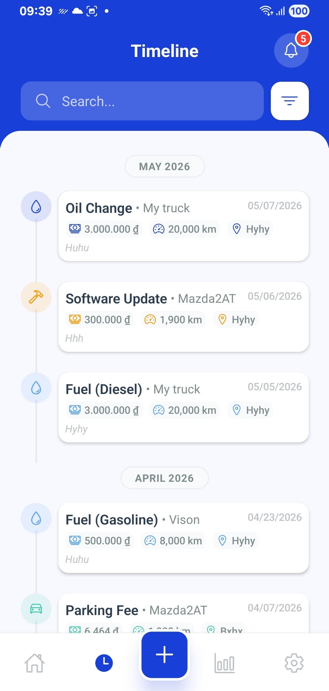 History & expenses screenshot